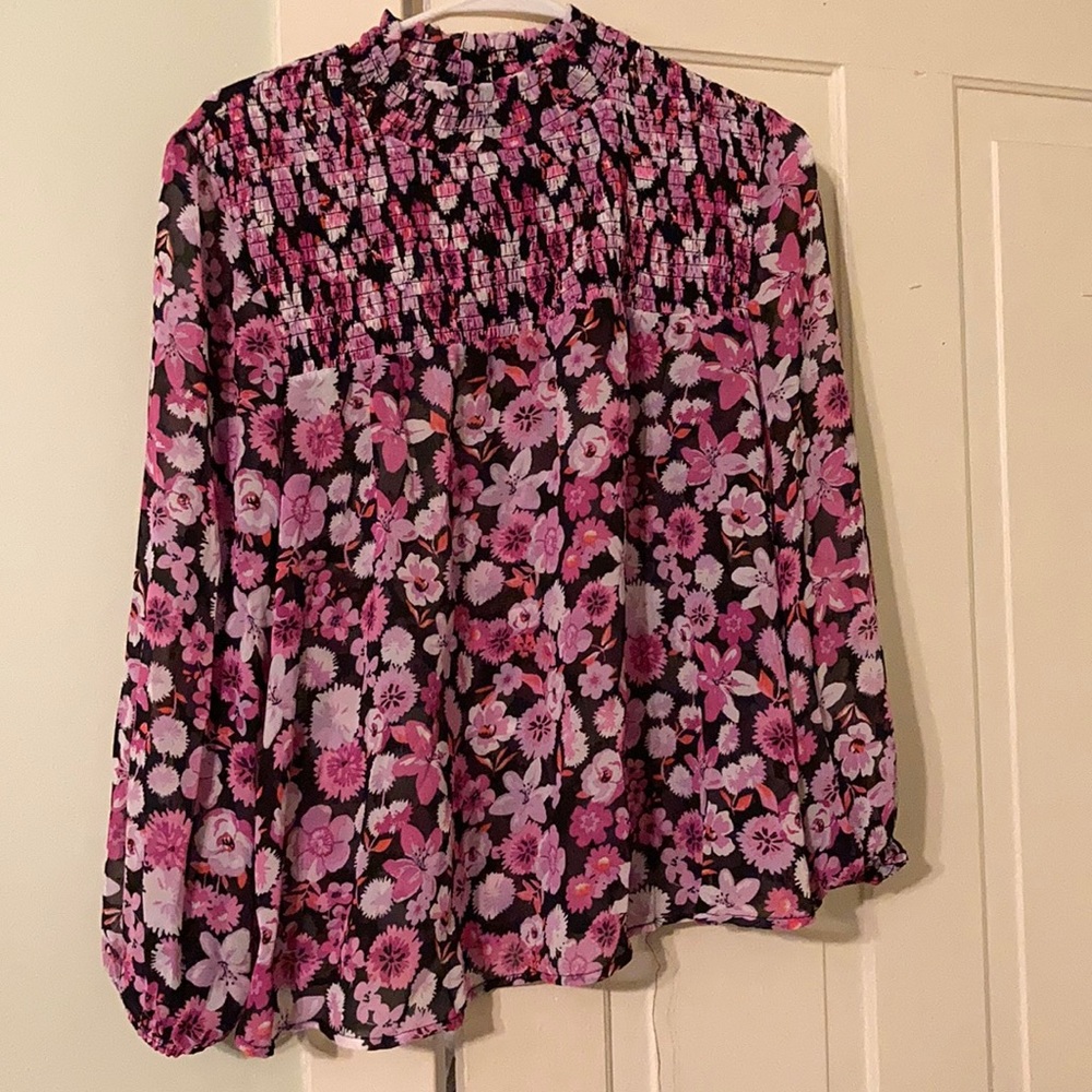 Floral high-neck sheer blouse